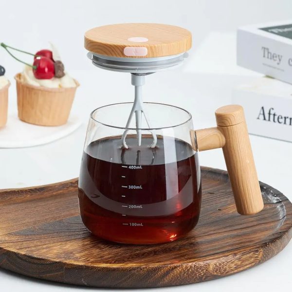 Taza Mezcladora Automática Recargable USB con Diseño de Madera